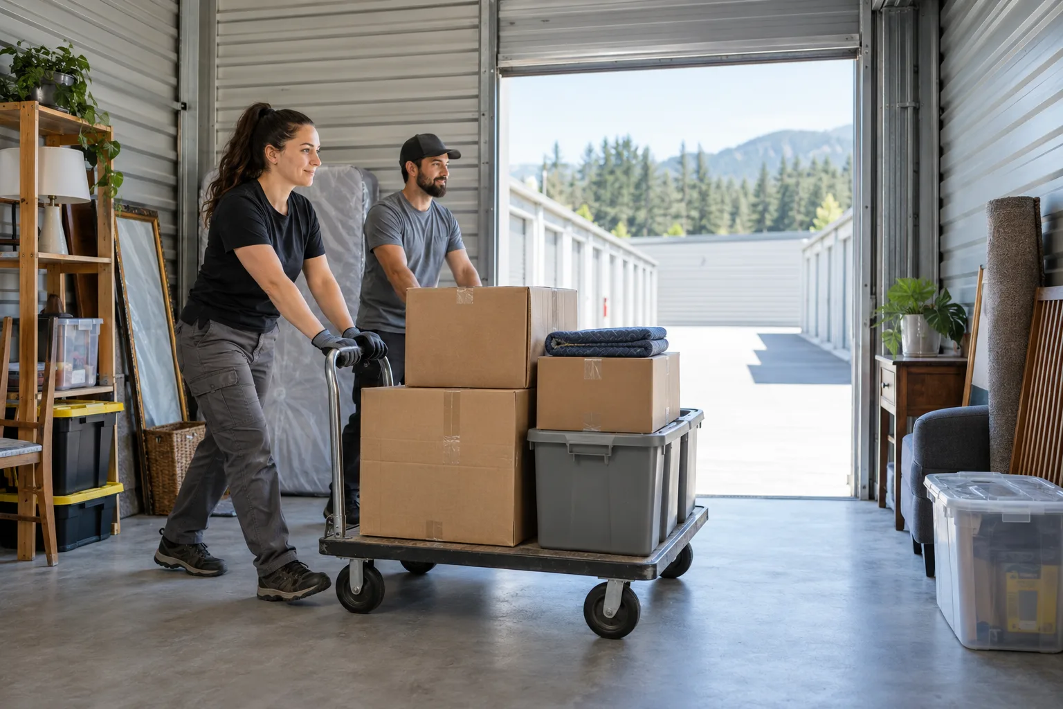 Workers moving boxes from a storage unit