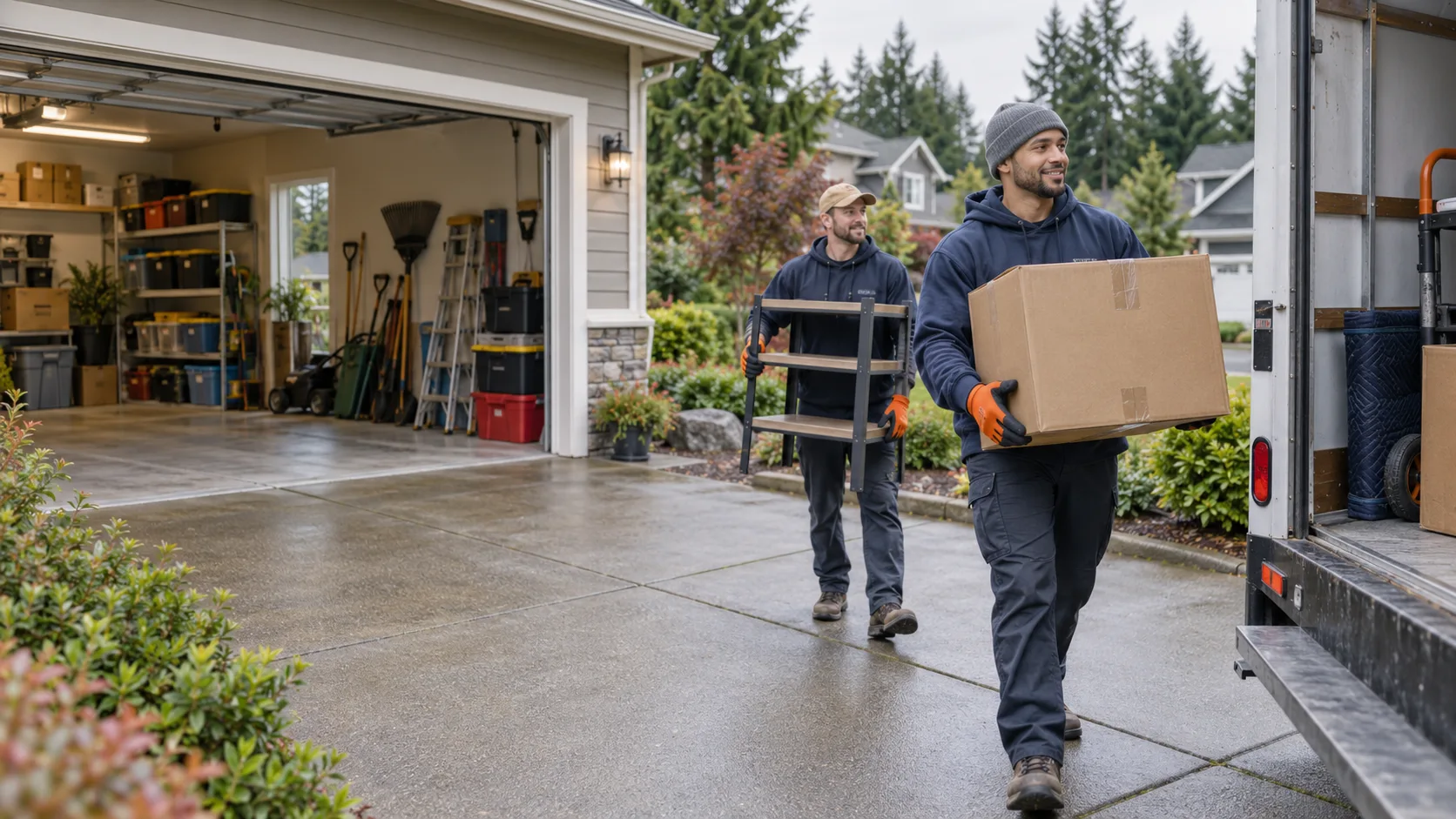 Cleanout workers moving boxes from a residential garage to a truck